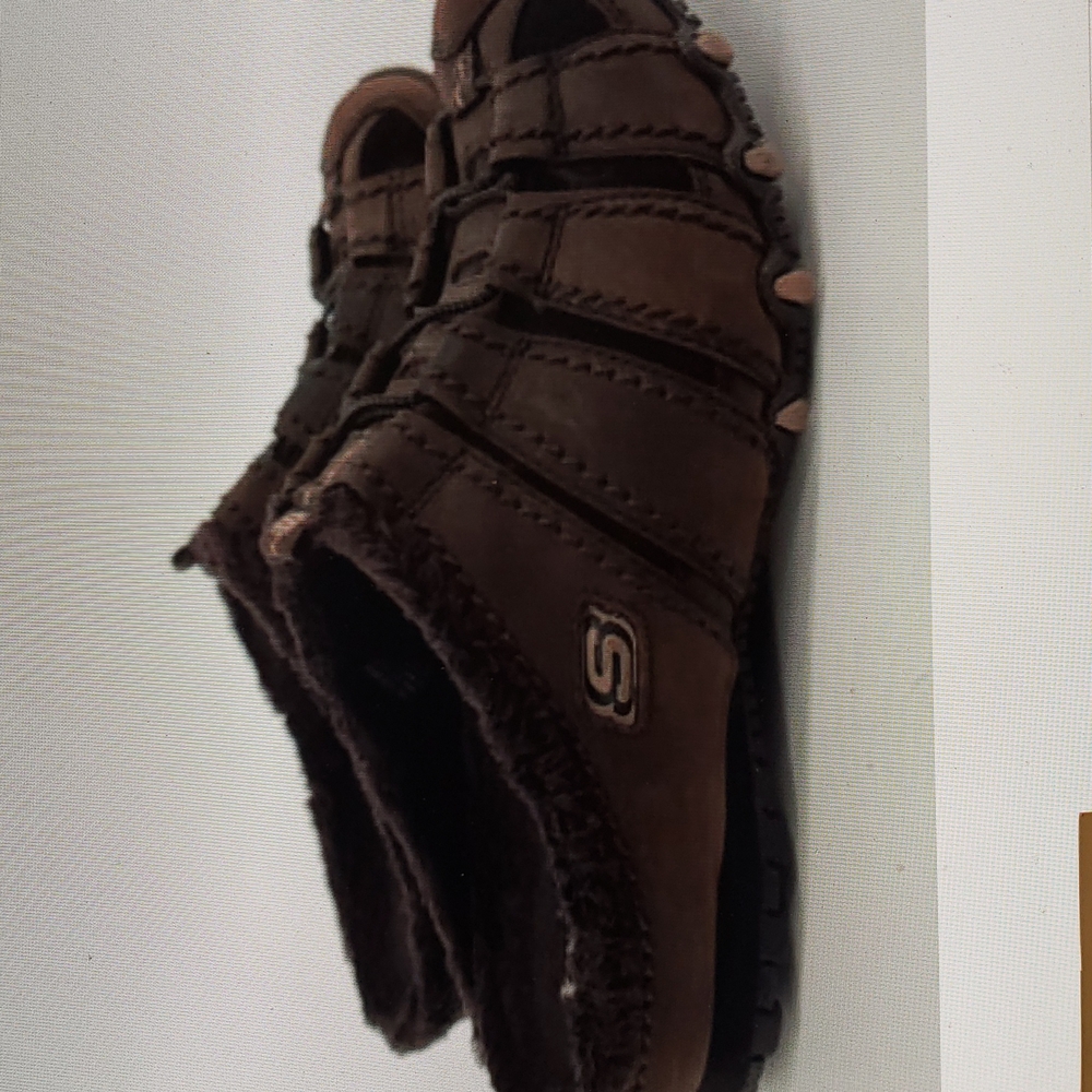 SKECHERS SLIP ON MULES BROWN LEATHER SHERPA LINED SIZE 7